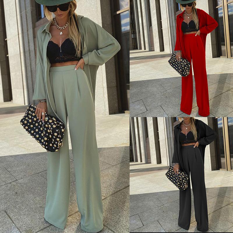 FD111 Spot European and American Women's Long-sleeved Shirt Fashion Casual Wide-leg Pants Two-piece Set