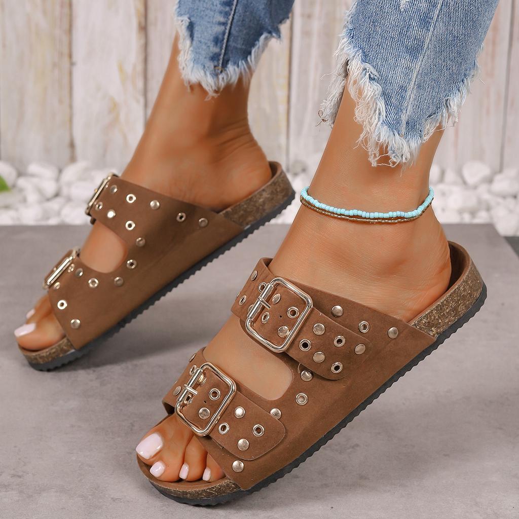 Summer Thick Bottom Buckle Riveted Women's Sandals Handmade Slippers with Flat Bottom Casual Outdoor Slippers Zapatos De Mujer