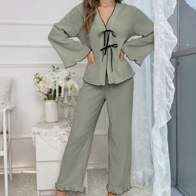 Design Inspired Sleepwear Women's Solid Color V-belt Cardigan Light Luxury Long Sleeved Home Suit Set, Casual, Breathable and Comfortable