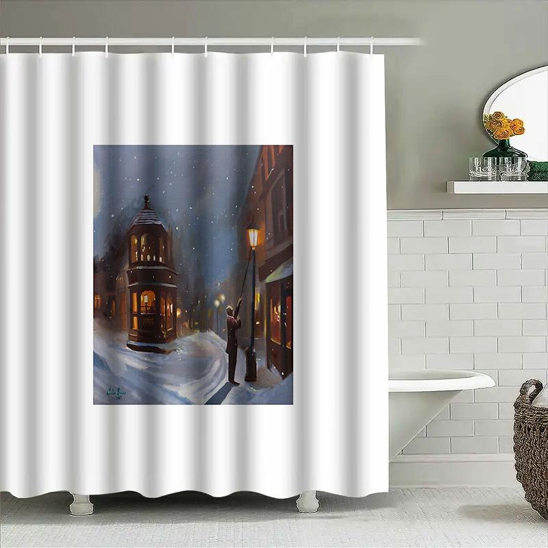 Vintage Winter Cityscape Shower Curtain Snowy Street Scene Victorian Era Wall Art Bathroom Decor Elegant Gothic Dark Academia