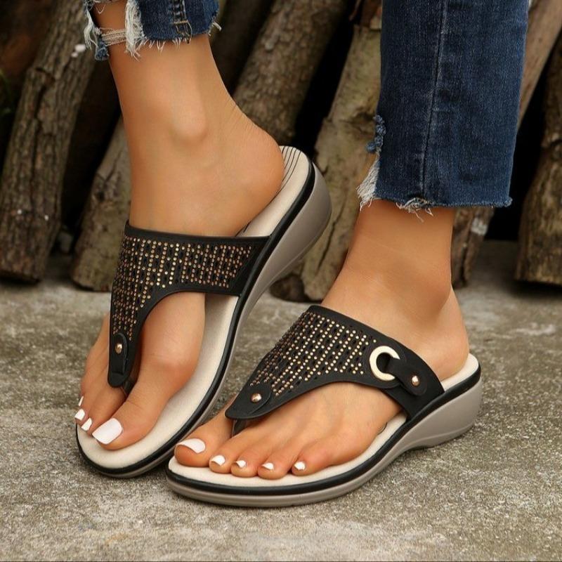 Pinch feet cool slippers women's summer new large size hollow rhinestone slope heel cool slippers women