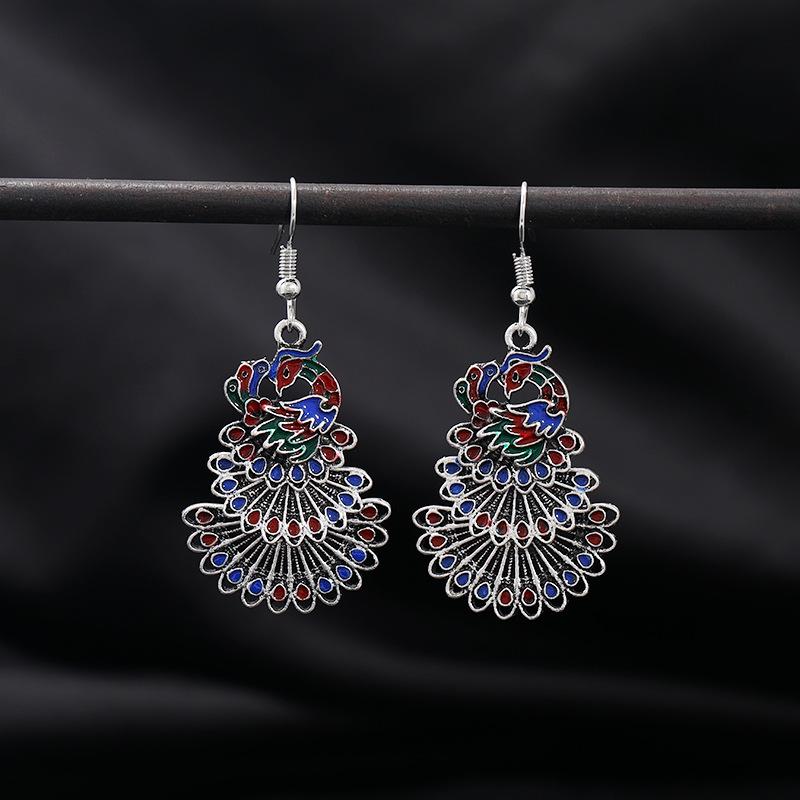 Retro Peacock Open Screen Enamel Earrings Women's Fringed Long Multi-layer Earrings Temperament Versatile Tibetan Silver Earrings