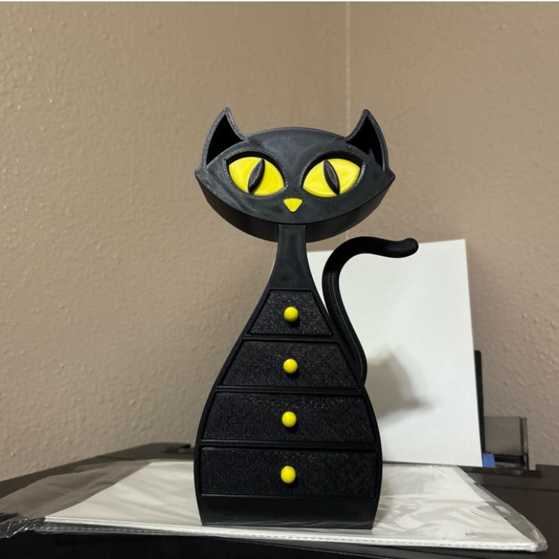 3D Printed Jewelry Organizer Box - Atomic Cat Drawer Style for Earrings, Rings, Necklaces with Display Stand