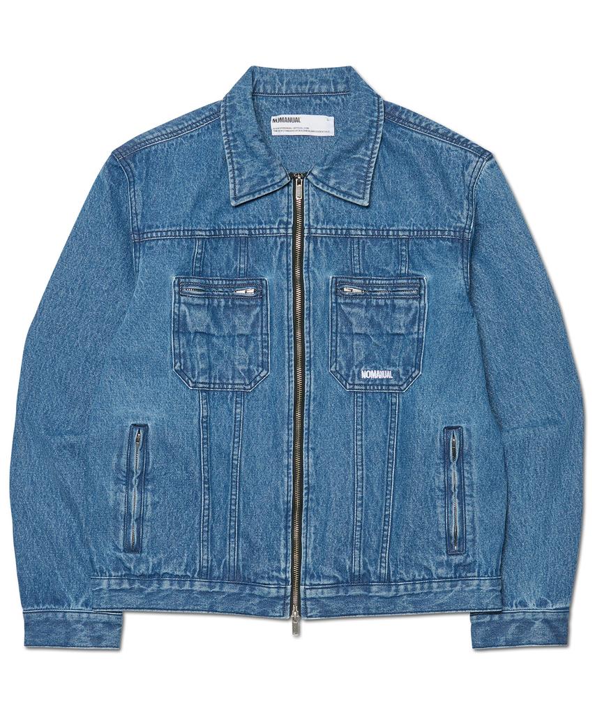 NOMANUAL Denim Trucker Zip Jacket - Washed Blue
