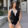 New European & American Fashion Black & White Color Block V-Neck Halter Backless Tie-Up Super Short Women's Jumpsuit