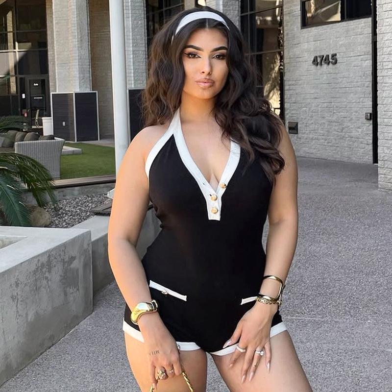 New European & American Fashion Black & White Color Block V-Neck Halter Backless Tie-Up Super Short Women's Jumpsuit
