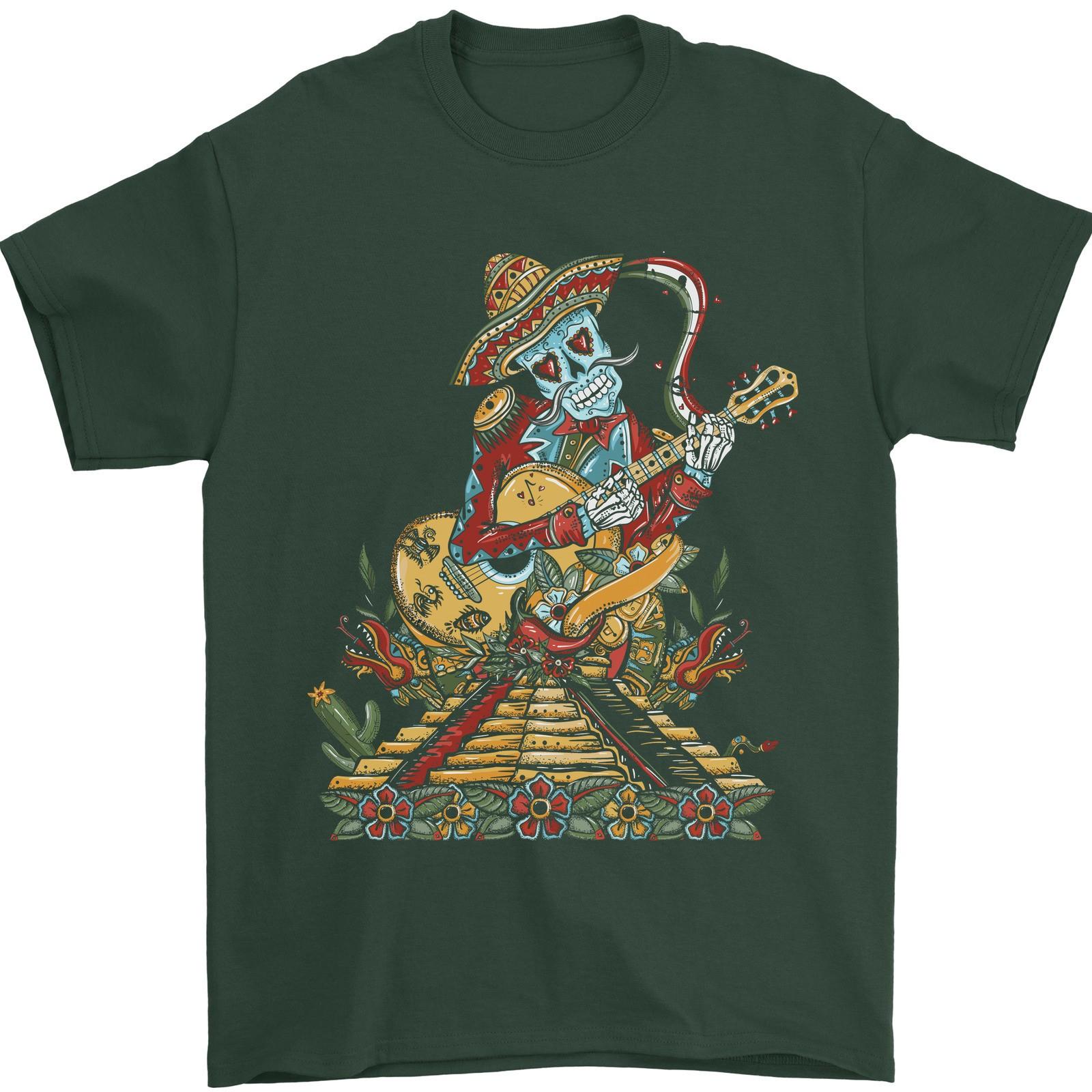Mariachi Sugar Skull Day of the Dead Guitar Mens T-Shirt 100% Cotton S