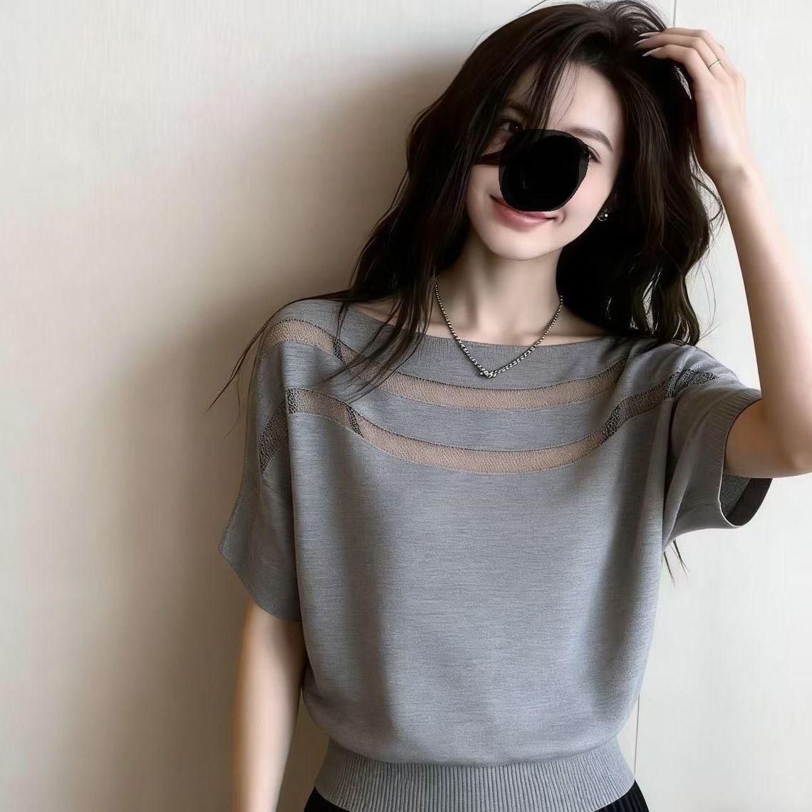 Women s Short Sleeved T-shirt Mesh Knit T-shirt Women s Summer Loose Fit Slimming Top M серый