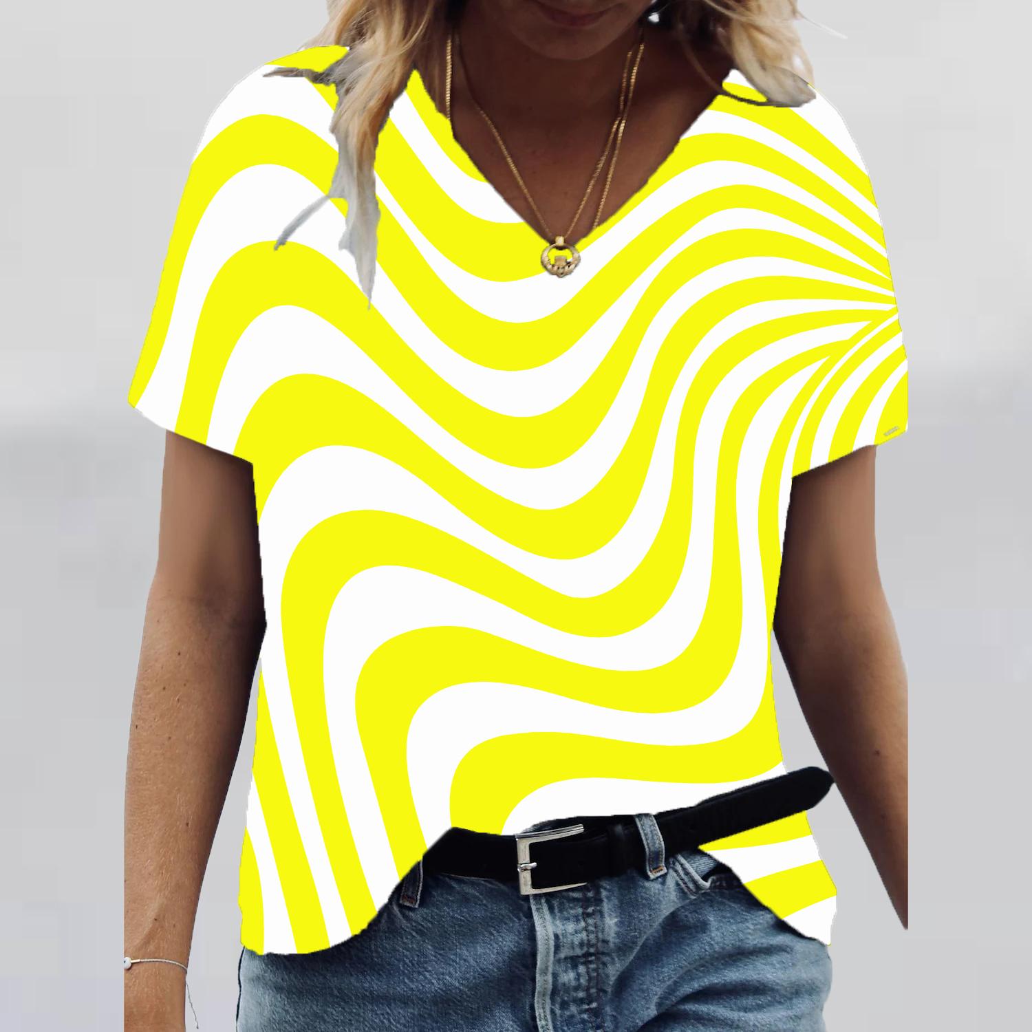 

Женские топы с v-образным вырезом и короткими рукавами, изогнутые линии, принт, свободная футболка, повседневная блузка 4XL жёлтый