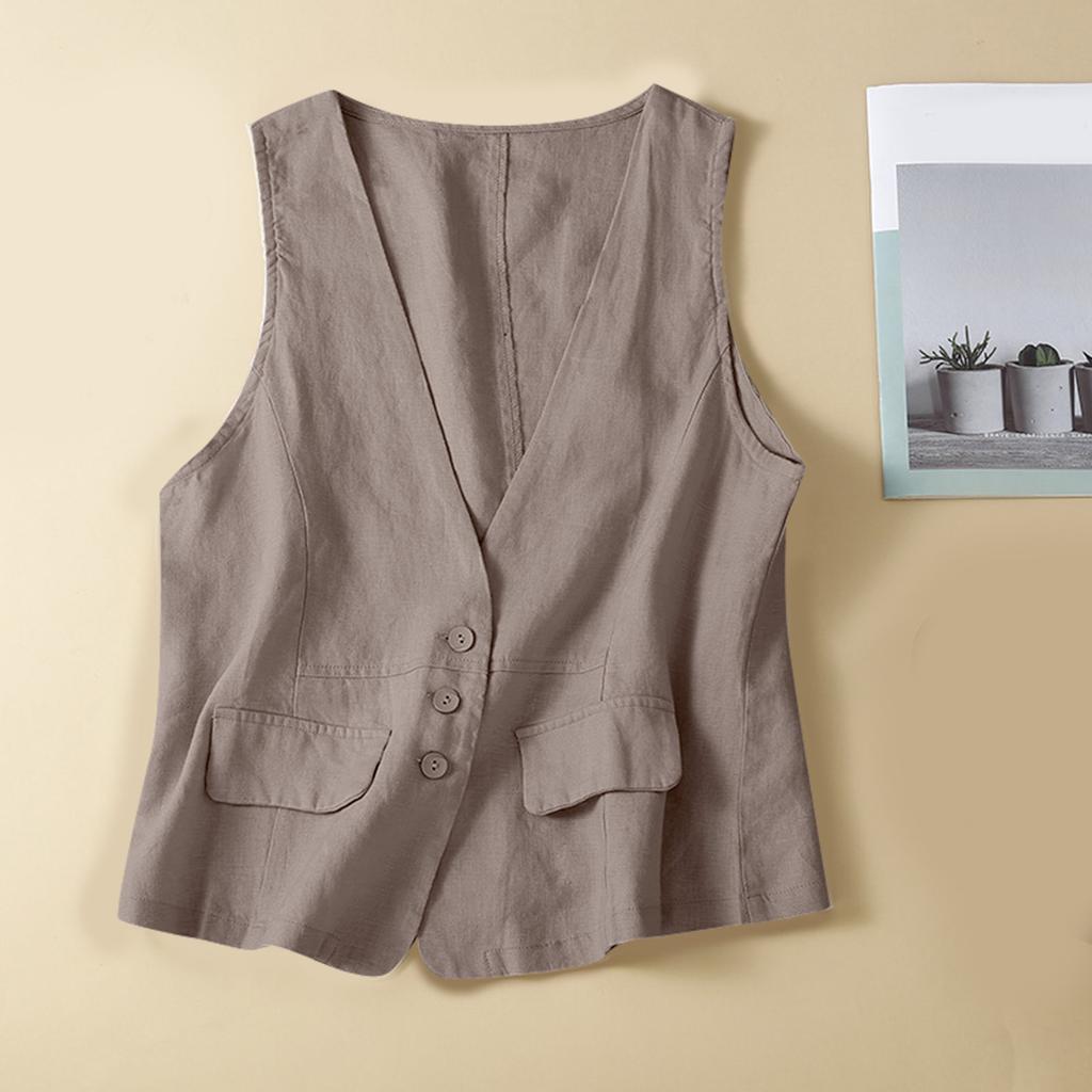 Vintage Vest Summer Deep V-Neck Solid Casual Sleeveless Tank Tops Cotton Linen Thin Outerwear Vest Coat