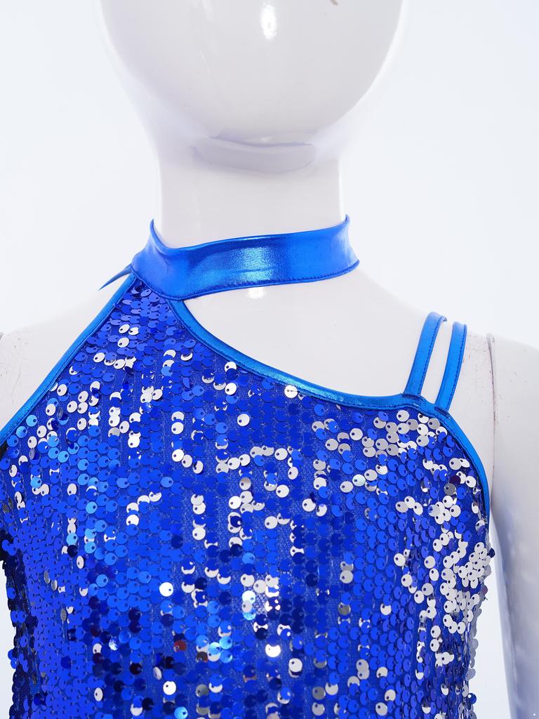 Mädchen Jazz Tanzkostüm Glitzerndes Paillettenoberteil mit Feder-Tüllrock Asymmetrischer Colorblock Jumpsuit für Bühnenauftritt