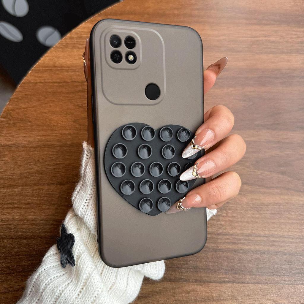 Heart Shape Suction Cup Phone Case for Xiaomi Redmi 10C Semi Transparent Matte Shockproof Soft TPU Cover