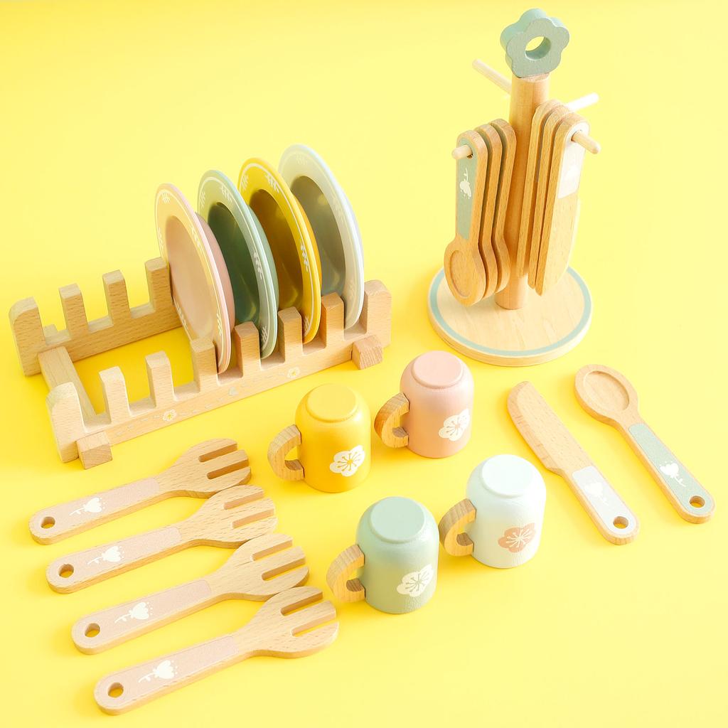 Kid Wooden Dinnerware Toy Set Safe Wood Kids Kitchen Playset Funny Toddler Kitchen Toy Children Kitchen Cutlery and Plate Toy