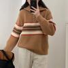 Autumn and winter new retro striped knitted jumper women's half zipper contrasting color loose casual college style sweater
