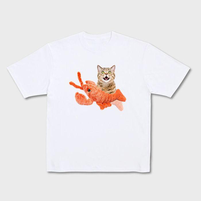 Fun Lobster Cat Cartoon Short-sleeved T-shirt, Summer Round-neck Heavy Top for Cats, Couple