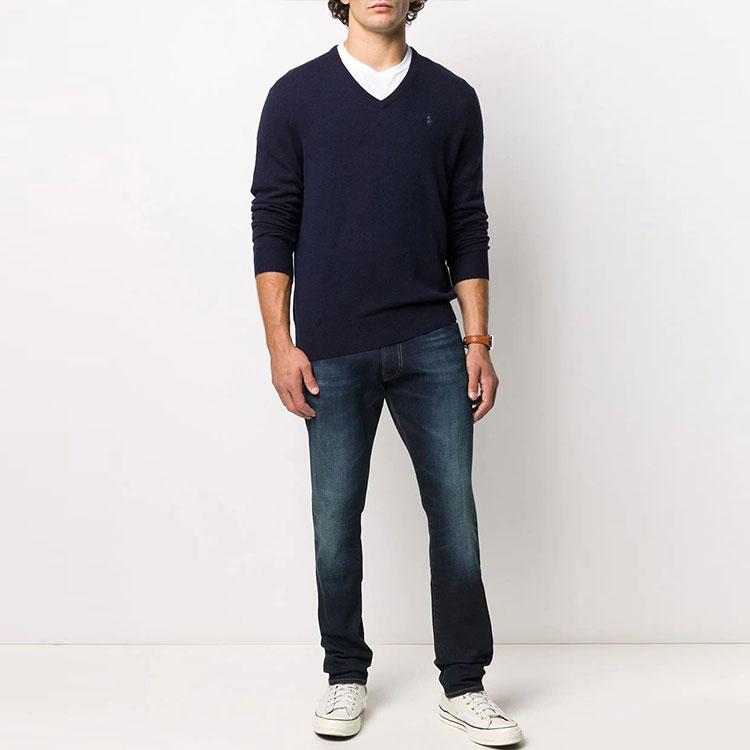 Polo Ralph Lauren FW21 V-Neck Logo Pattern Solid Pullover Long Sleeve Sweater Men sweater Navy-Blue 710667377-002