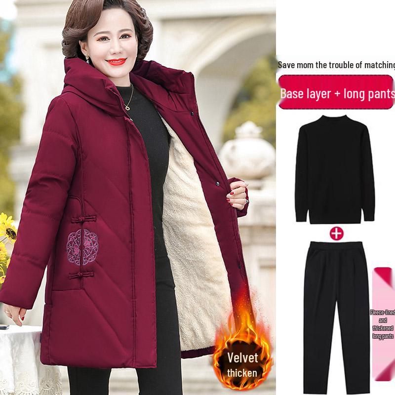 Red Mid-Length Winter Jacket for Middle-Aged and Elderly Women - Thick, Cotton-Padded, Suitable for Spring and Autumn
