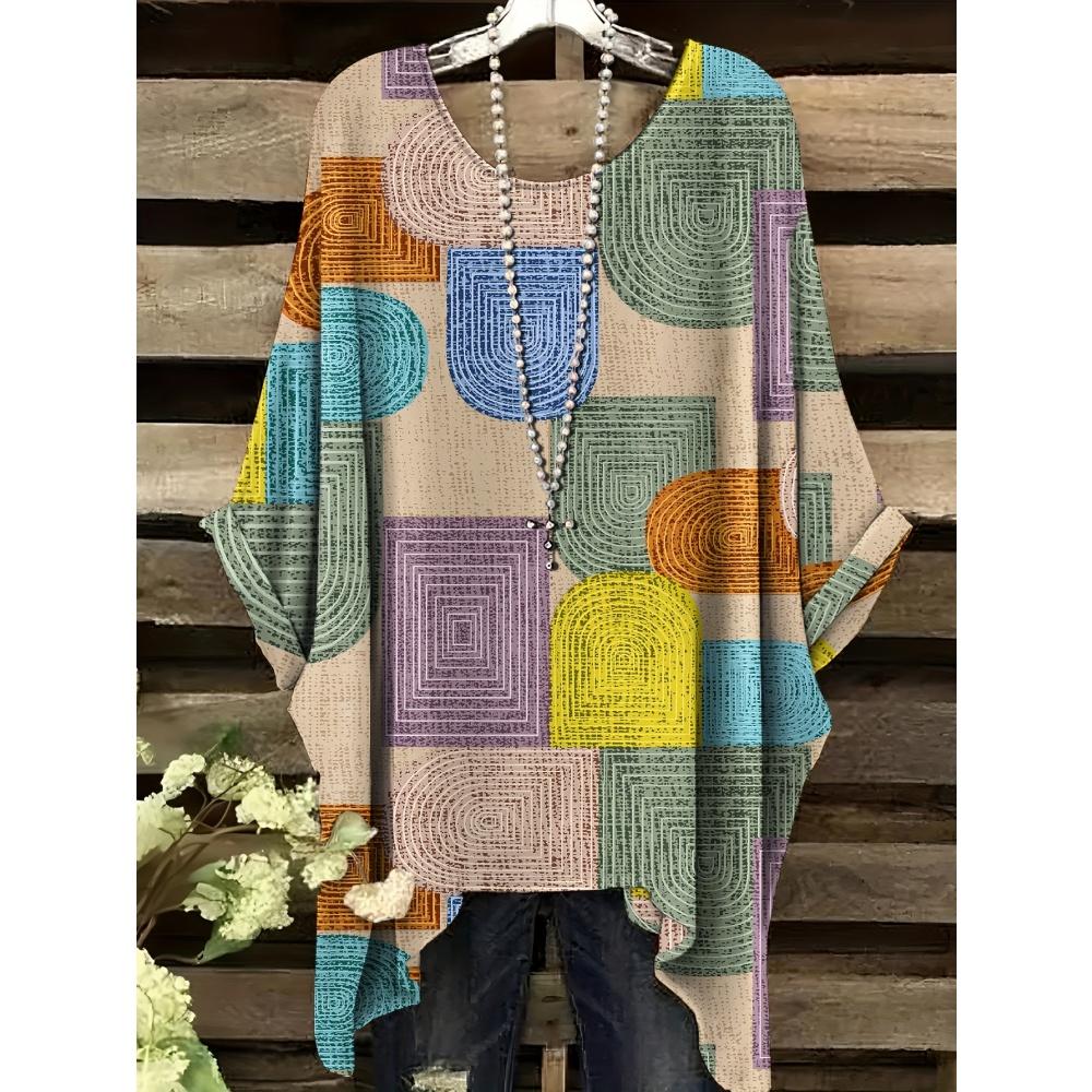 Women's T-Shirt Comfort Versatile Grid Print Loose O-Neck Elegant Bohemian Y2k Clothes Machine Washable Fashion Women's Clothing