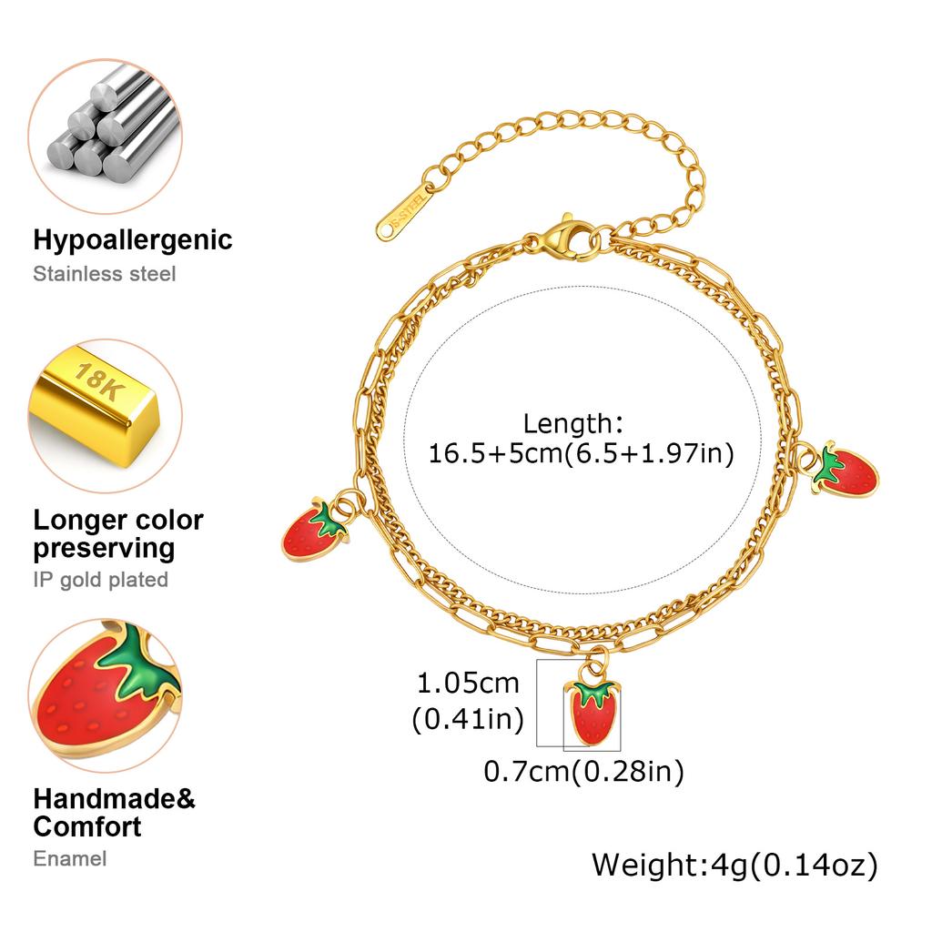 Doppellagiges Erdbeer-Armband aus Edelstahl für Damen Mädchen, Wasserdichte Armbänder in Goldfarbe, Täglicher Schmuck Niedliche Geschenke