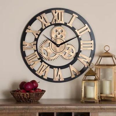 40cm Noiseless Silent Gear Wall Clock - Large 3D Retro Rustic Country Decorative Luxury Art Big Wooden Vintage Steampunk Industrial Decor for House