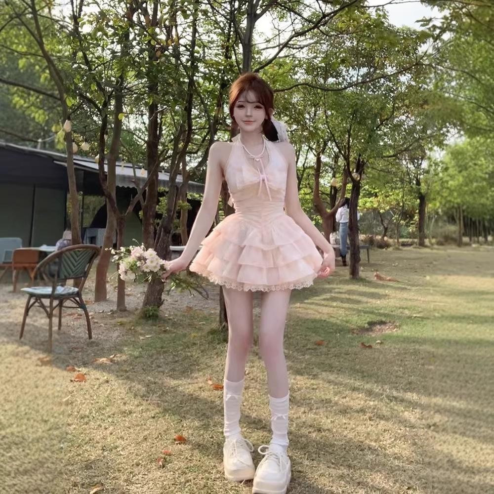 Sweet and Pure Pink Neck Dress Women's Summer French First Love Princess Puffy Skirt Waist Small Skirt
