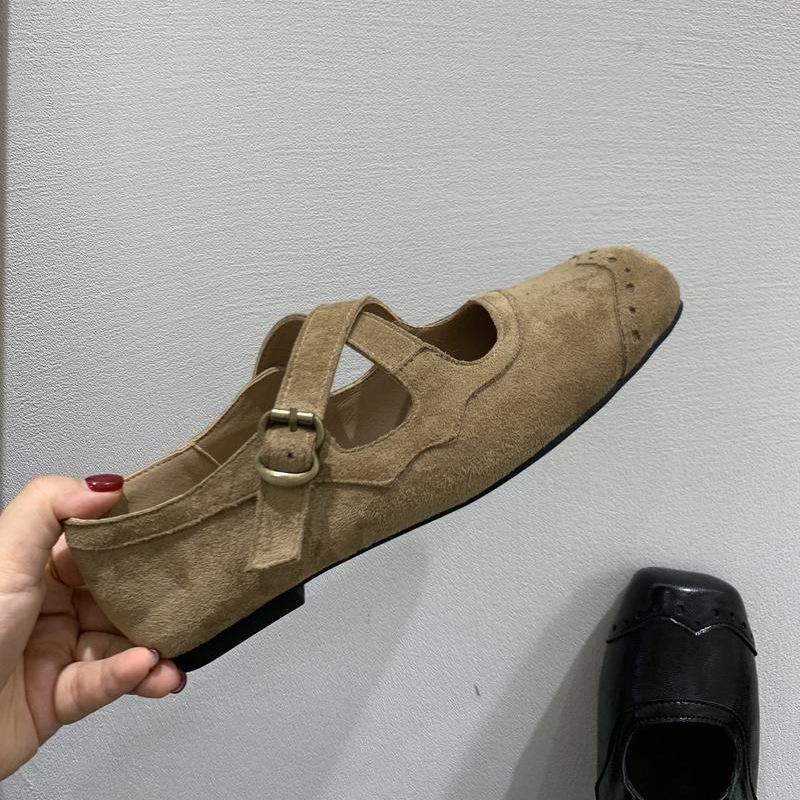 Retro Square Head Suede Light Mouth Single Shoes Women's Autumn New Korean Version Cross Belt Ballet Style Flat Mary Jane Shoes