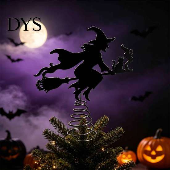 Witch Tree Decoration Halloween Topper, with LED Lights, Black Iron Indoor Decorations Art Silhouette Ornament, for Christmas And Holiday Party