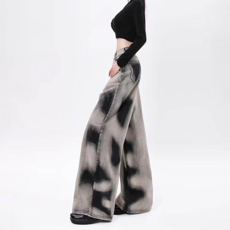 Women's High-Waist Retro Tie-Dye Gradient Jeans - Loose, Wide-Leg, Floor-Length Pants for Early Autumn