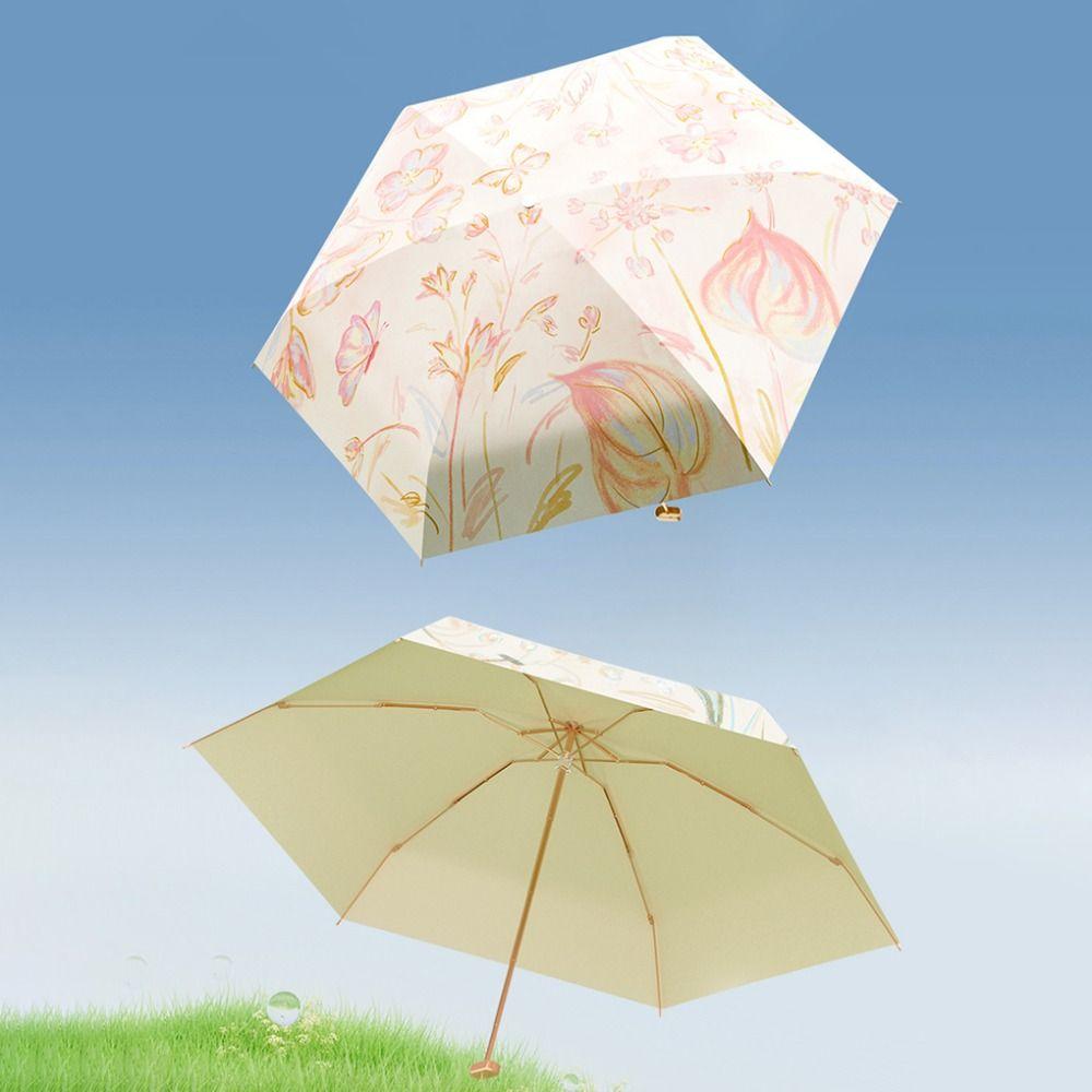 6 Ribs Design Sunscreen Umbrella Floral Pattern Rain Umbrella Portable Sunshade Umbrella Outdoor