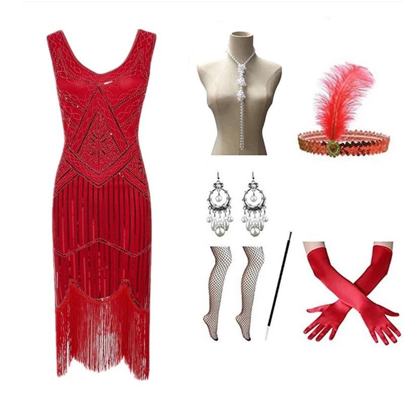 1920er Gatsby Pailletten Fransen Paisley Flapper Kleid Mit 20er Jahre Accessoires Set Vintage Gatsby Kleid Für Damen