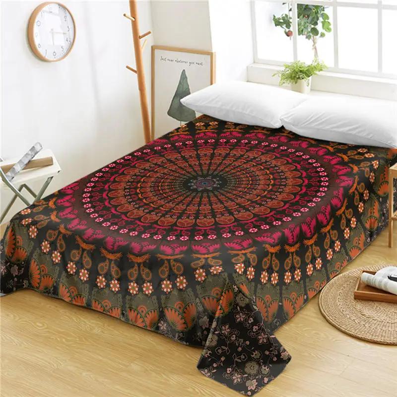 Bohemian Mandala Bed Sheet Boho Style Flat Sheet Colorful Ethnic Retro Floral Bed Linen Women King Queen Polyester Bedding Sheet