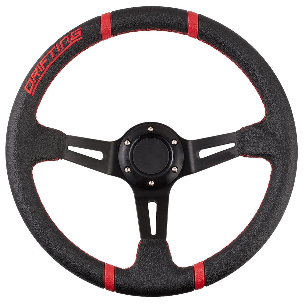 

35 см круглый глубокий гоночный спортивный руль для дрифта алюминиевый 3 спицы черный кожаный эффект чёрный