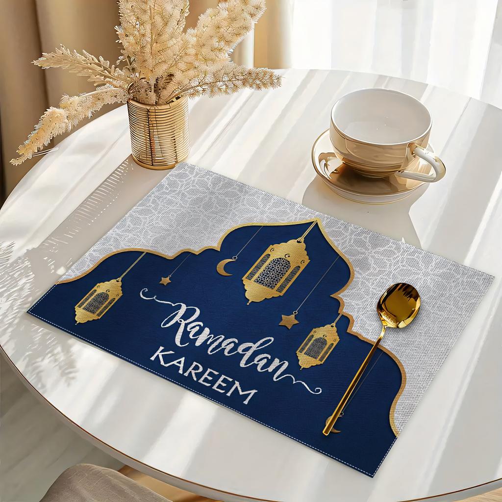 Ramadan Kareem Mubarak Linen Placemats Holiday Party Decor Navy Blue Moon Lantern Eid Al-Fitr Table Mats Ramadan Decorations