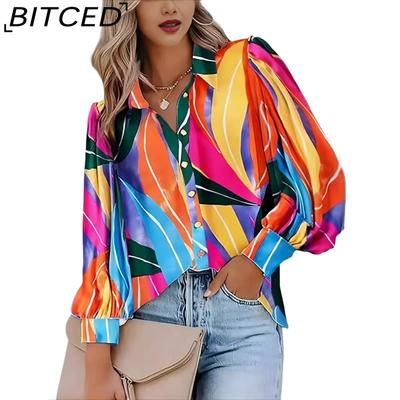Women's Autumn Fashion Casual Long Sleeve V-Neck Button Printed Shirt Women