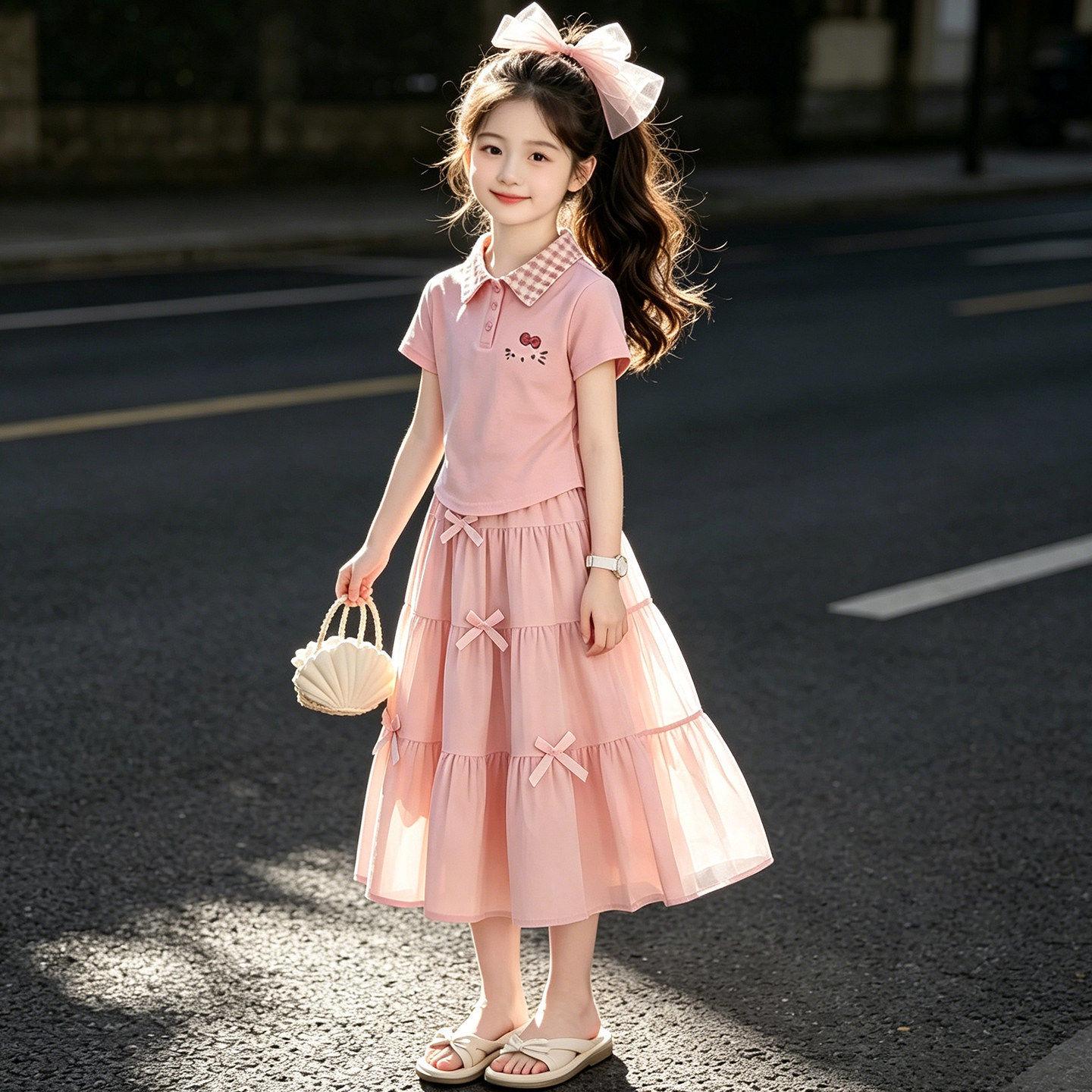 Girls  Elegant Summer Two-Piece Short Sleeve Skirt Set 150cm розовый