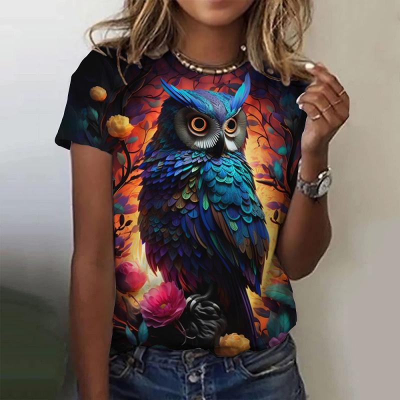 Colorful owl pattern women's T-shirt fun animal 3D printing short sleeved summer loose T-shirt round neck top T-shirt street wear