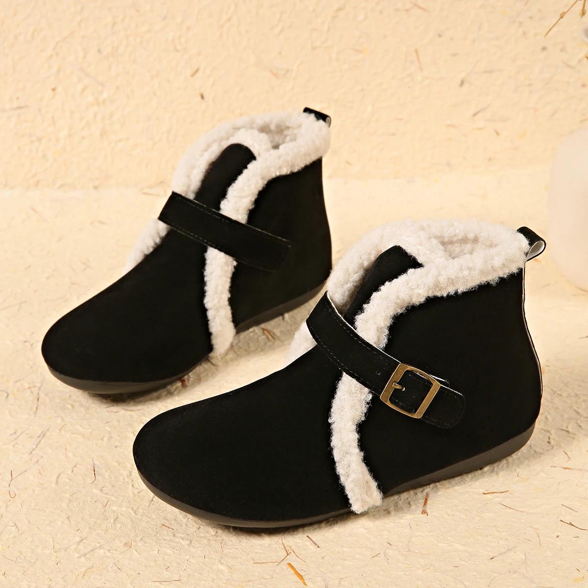 

Warm Plush Lined Flat Ankle Boots Women Winter Metal Buckle Faux Suede Snow Boots Woman Plus Size 43 Non Slip Cotton Shoes 43