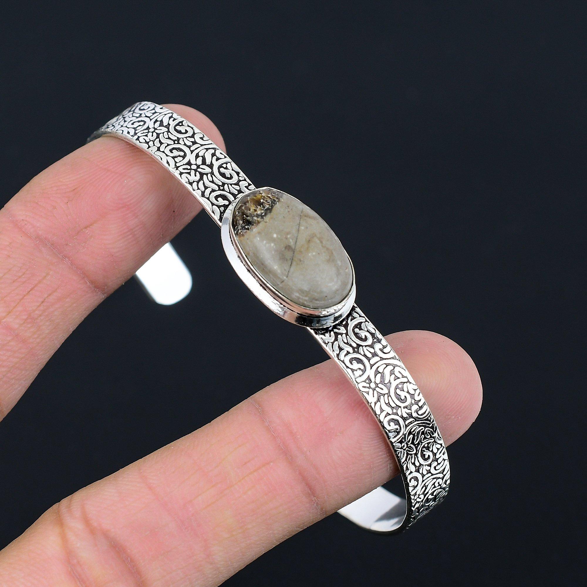 

Mothers day Deal Sterling Silver Root Chakra Oval Natural Septarian Wife Bangle Adjustable