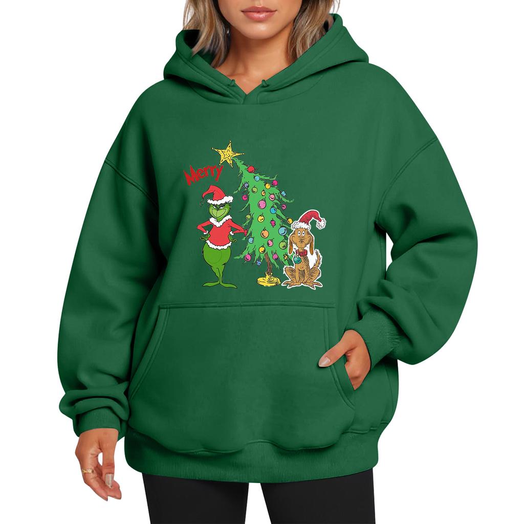 Ladies' Christmas Style Printed Hoodie With Wool And Pockets For Women