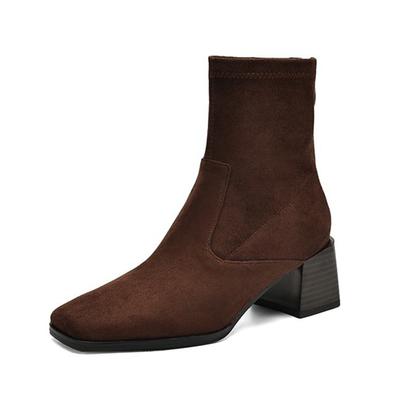 Flock Vintage Jesień Zima Buty Nowoczesne Buty Średnie Obcasy Kwadratowe Noski Utrzymują Ciepło Rozmiar 43 Zwięzłe Elastyczne Botki Do Kostki