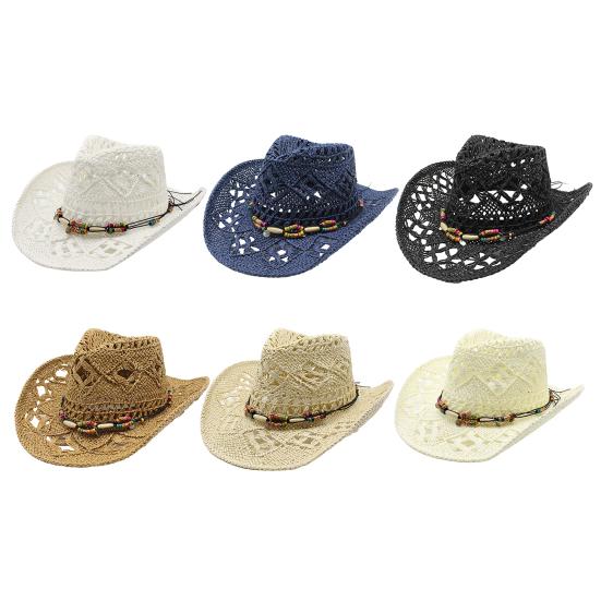 Yousheng Straw Hat with UPF 50+ Protection Adjustable Chin Strap Beads Decor Hollow Design Breathable Weave Retro Denim Straw Hat