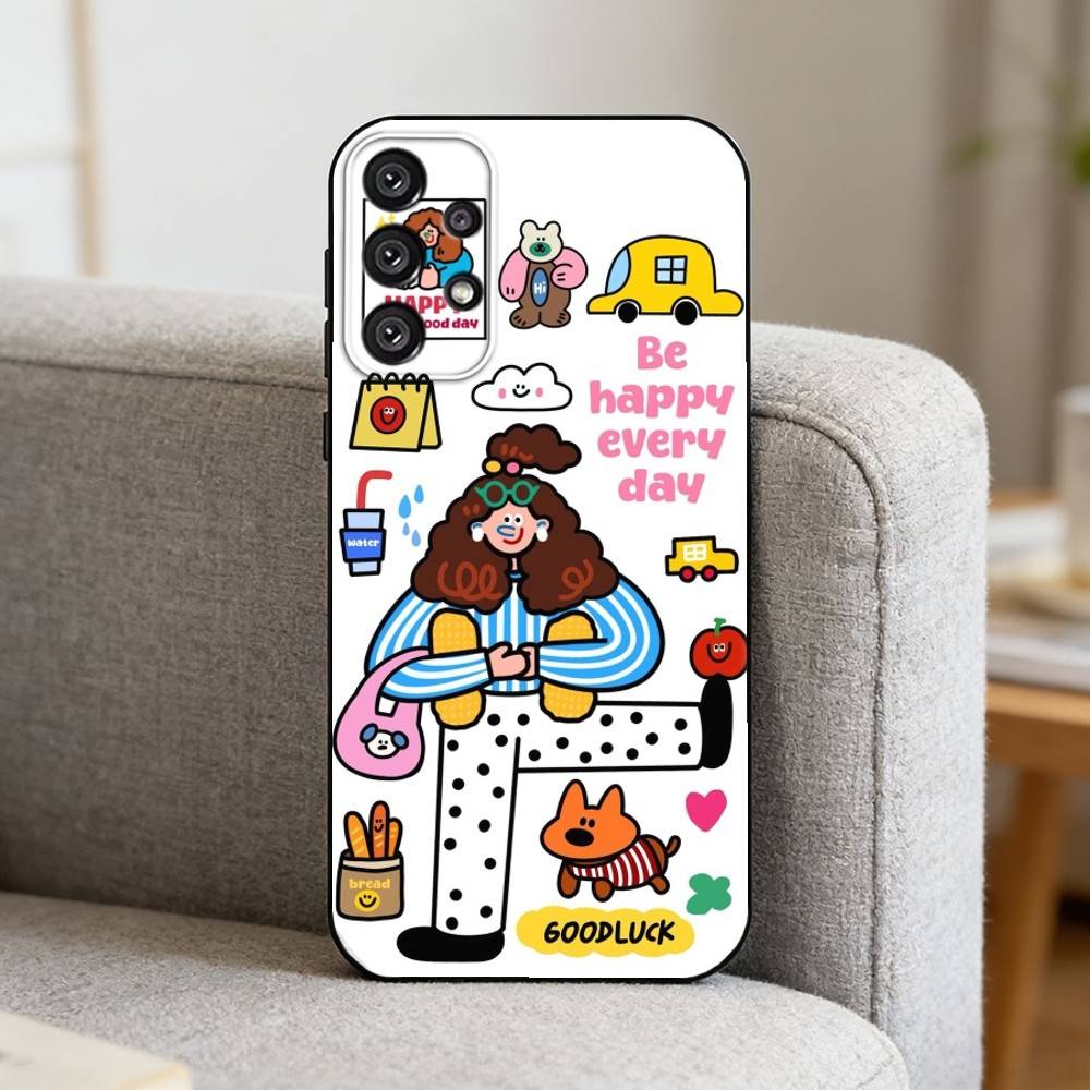 Ins Korean funny and happy girl Phone Case For Samsung S25,S24,S21,S22,S23,S30,Ultra,S20,Plus,Fe,Note,10,9,5G Black Cover
