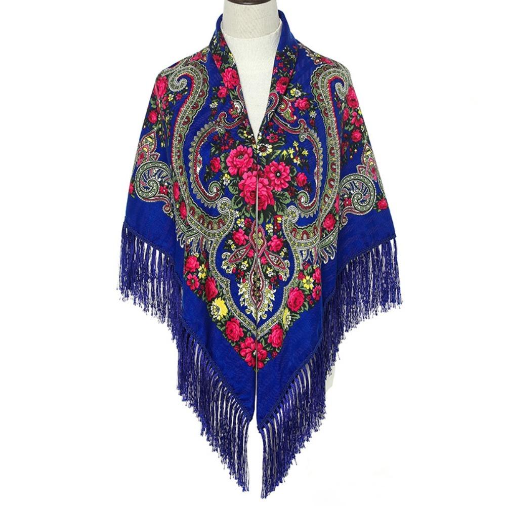Polyester Russian Square Scarf Tassel Trim Floral Print Scarf Tassel Shawls Outdoor Activities