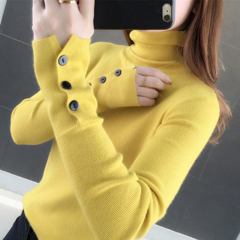 Women Autumn Casual Knitted Pullover Sweater Top Pile Collar Turtleneck Full Sleeve Button Thin Slim Inner Solid Color