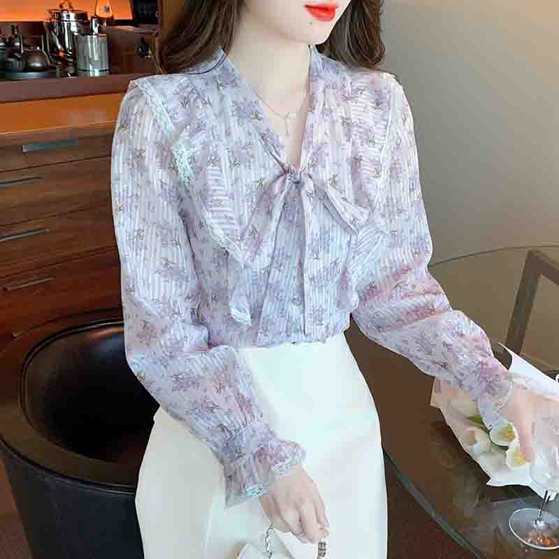 Fashion New 2024 Autumn Casual Long Sleeve Bow Collar Ruffles Print Chiffon Blouse Shirt Women Tops Blouses Shirts J510