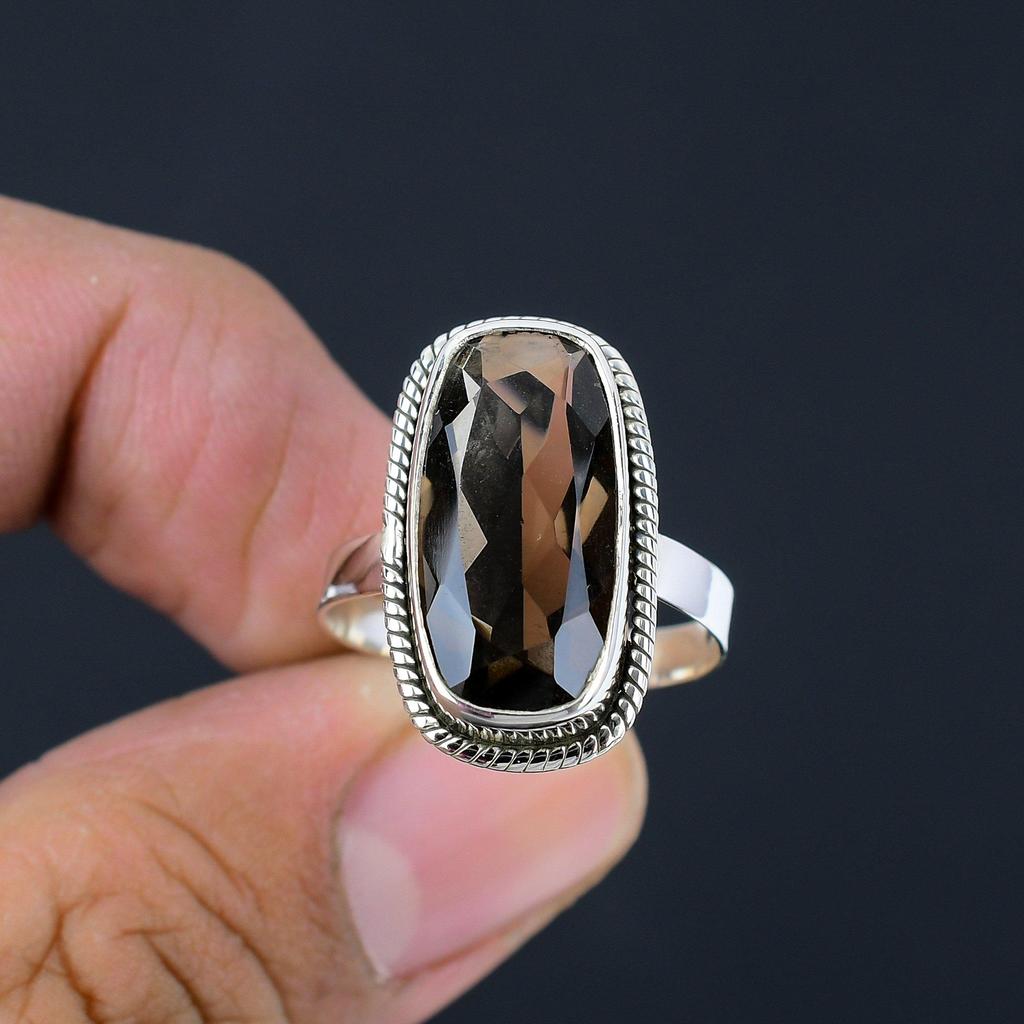 Fazetovaný drahokam Smoky Quartz ručne vyrábaný masívny prsteň z 925 mincového striebra