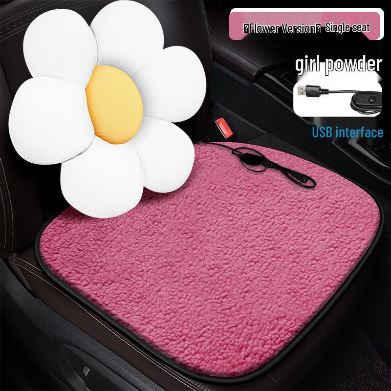 Solid Color Lamb Wool Cartoon Panda Car Seat Cushion - Winter Heating Pad with Sunflower Design