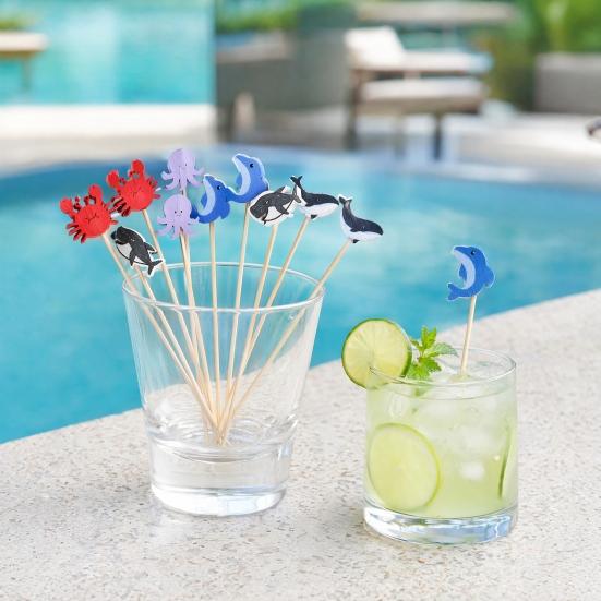 100PCS Disposable Fruit Tags, Crabs Octopuses Dolphins Decor Bamboo Skewers, with Sharp Tip Cocktail Sticks, for Pool Parties Restaurants Banquets