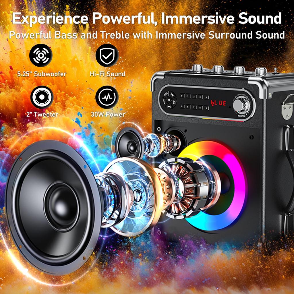 Karaoke-Maschine mit zwei drahtlosen Mikrofonen, tragbarer Bluetooth-Lautsprecher mit Bass-/Höhenregelung, PA-System mit Fernbedienung