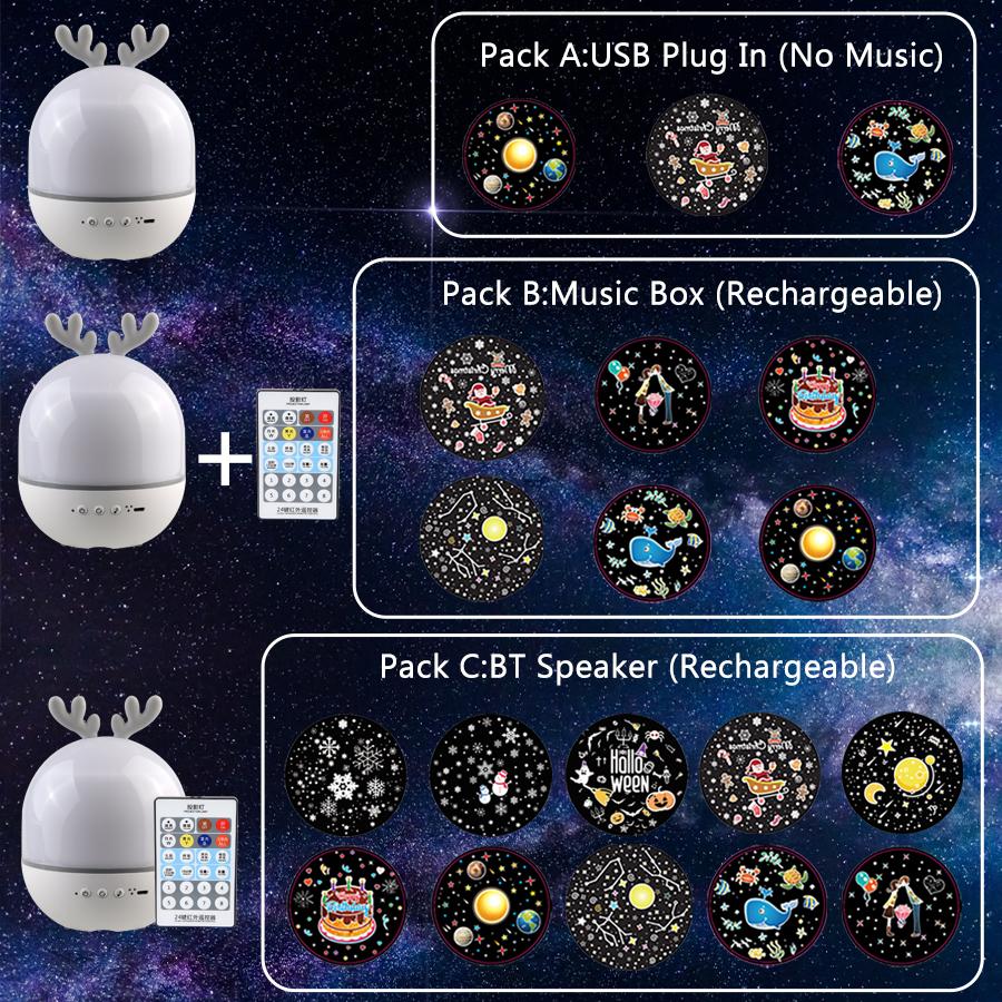 Deer Music Projector Lamp Night Light With BT Speaker Starry Sky Star Rotate Bedroom Bedside Lamp Decor Christmas Kids Baby Gift